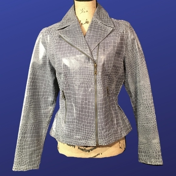 LIVE A LITTLE 100% Leather Faux Reptile Biker Moto Jacket, GRAY, Size M, NWOT - Picture 1 of 8